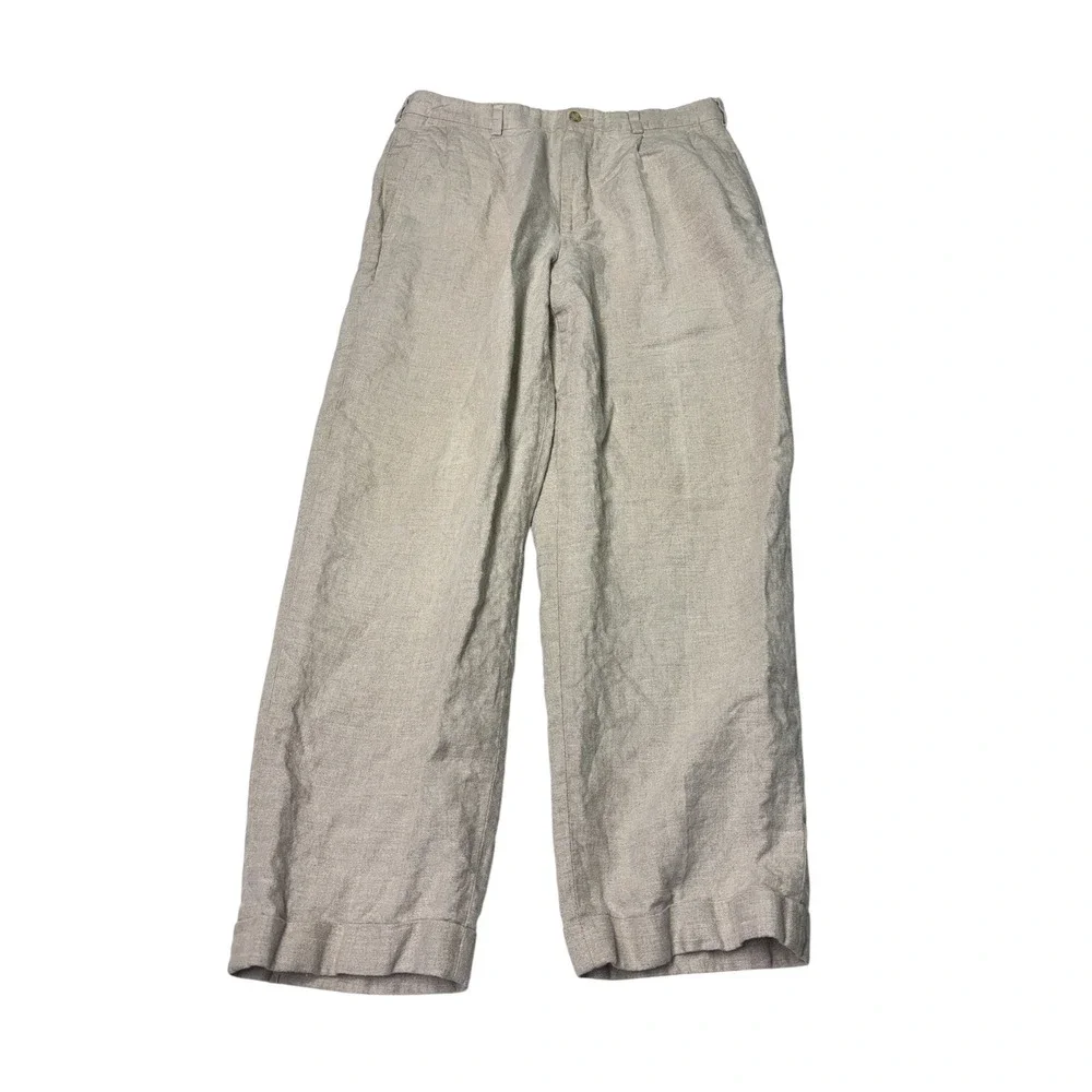 Eddie Bauer Mens 35x32 100% Belgian Linen Pleated Cuffed Pants Oatmeal Beige